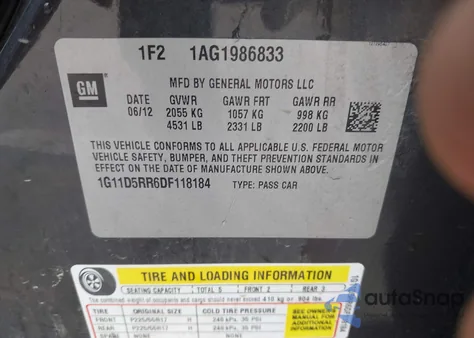 2013 Chevrolet Malibu Eco из США, поврежденный, VIN 1G11D5RR6DF118184